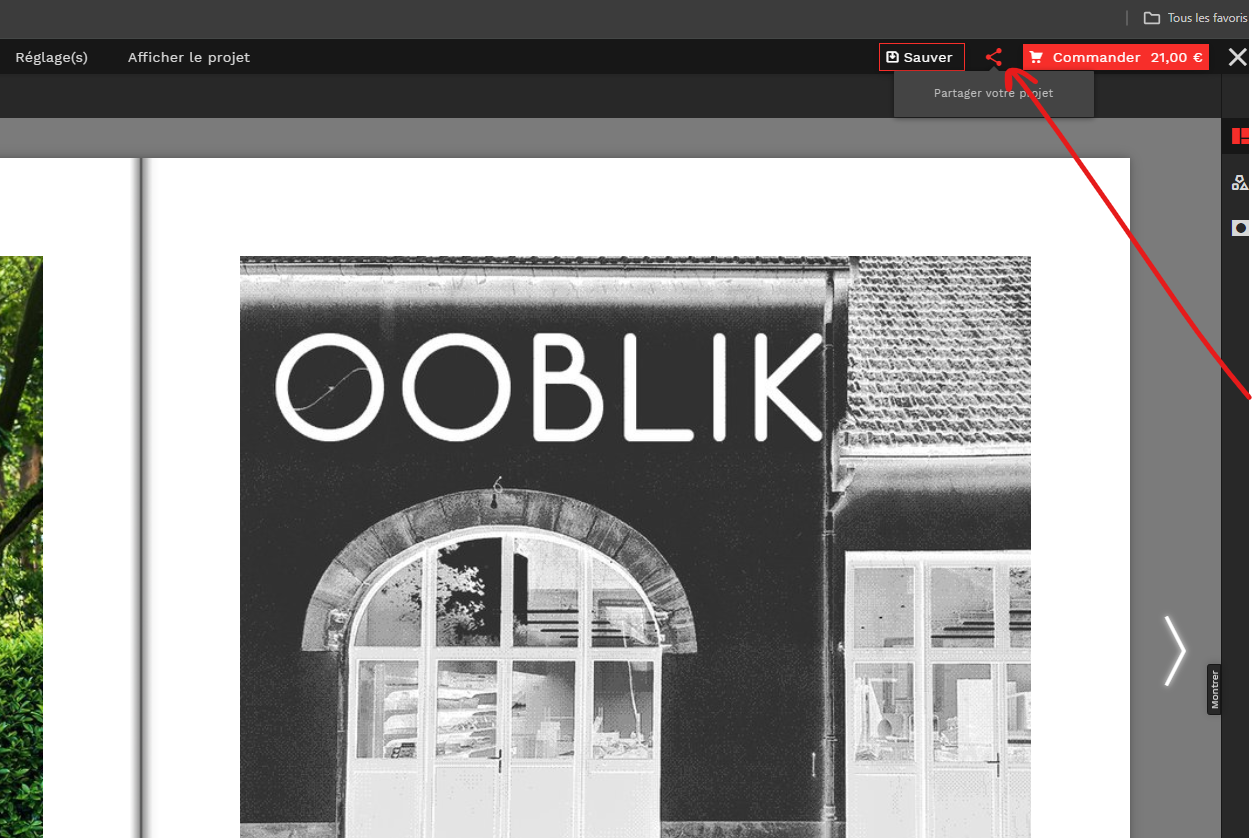 Bouton de partage dans l'éditeur OOBLIK