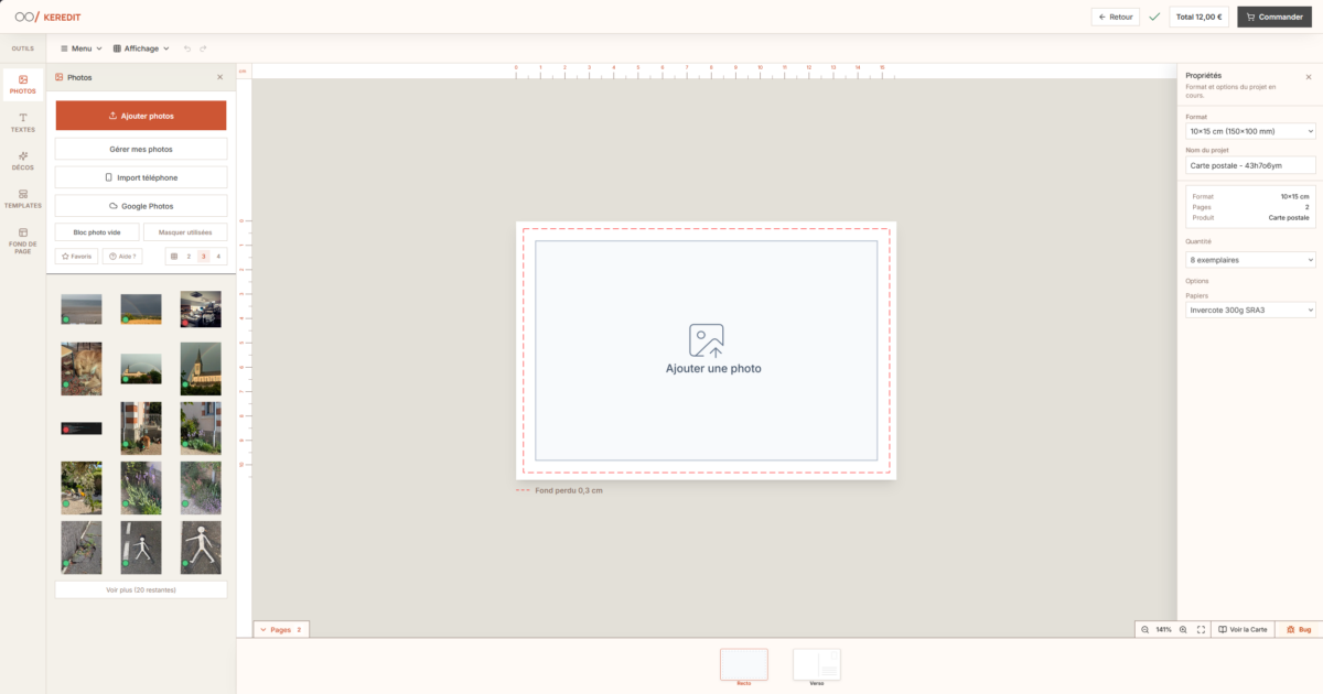 Interface de création de carte postale personnalisée